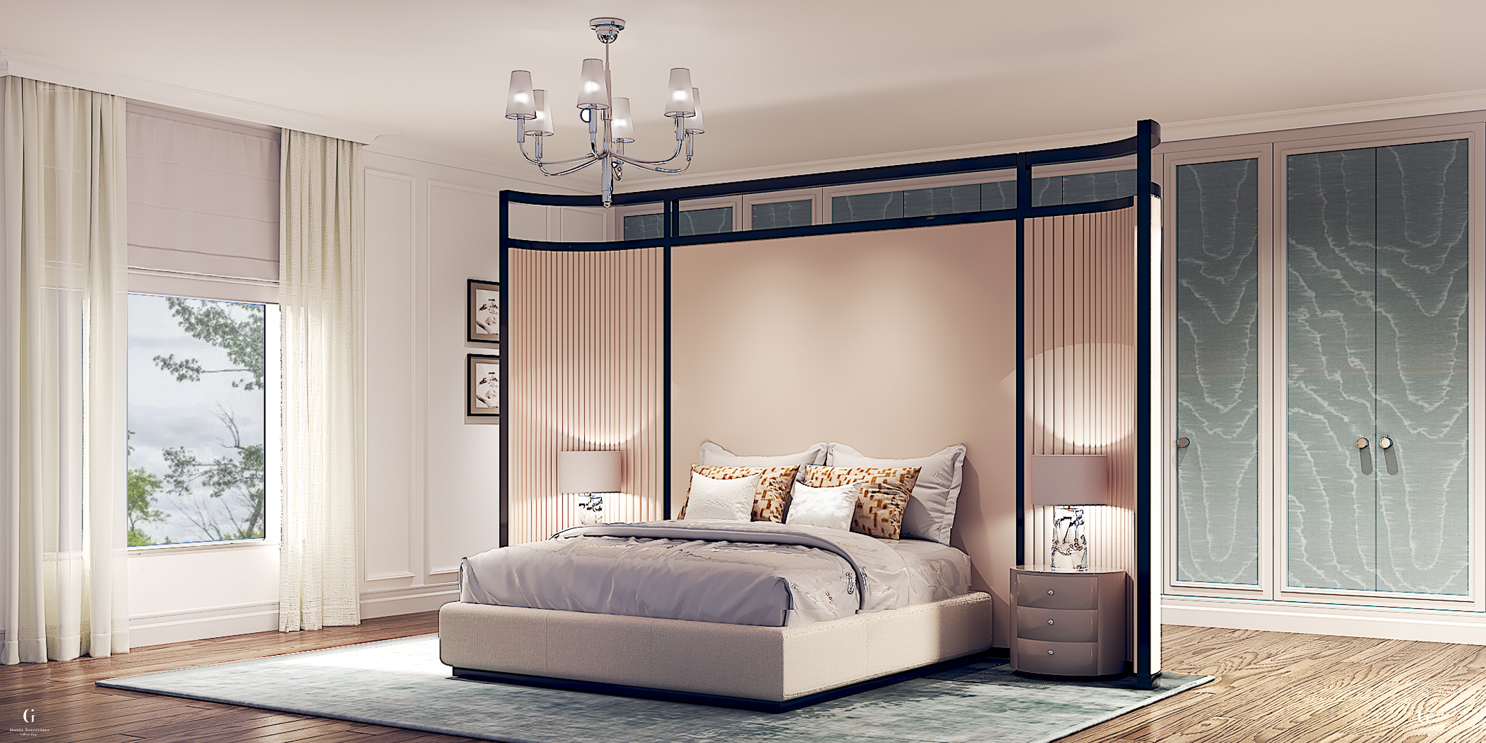 Elegancka sypialnia z baldachimem, stylowymi lampami i designerskimi szafami. Nowoczesne wnętrze z miękkimi tkaninami, drewnianą podłogą i dużym oknem z widokiem na zieleń.